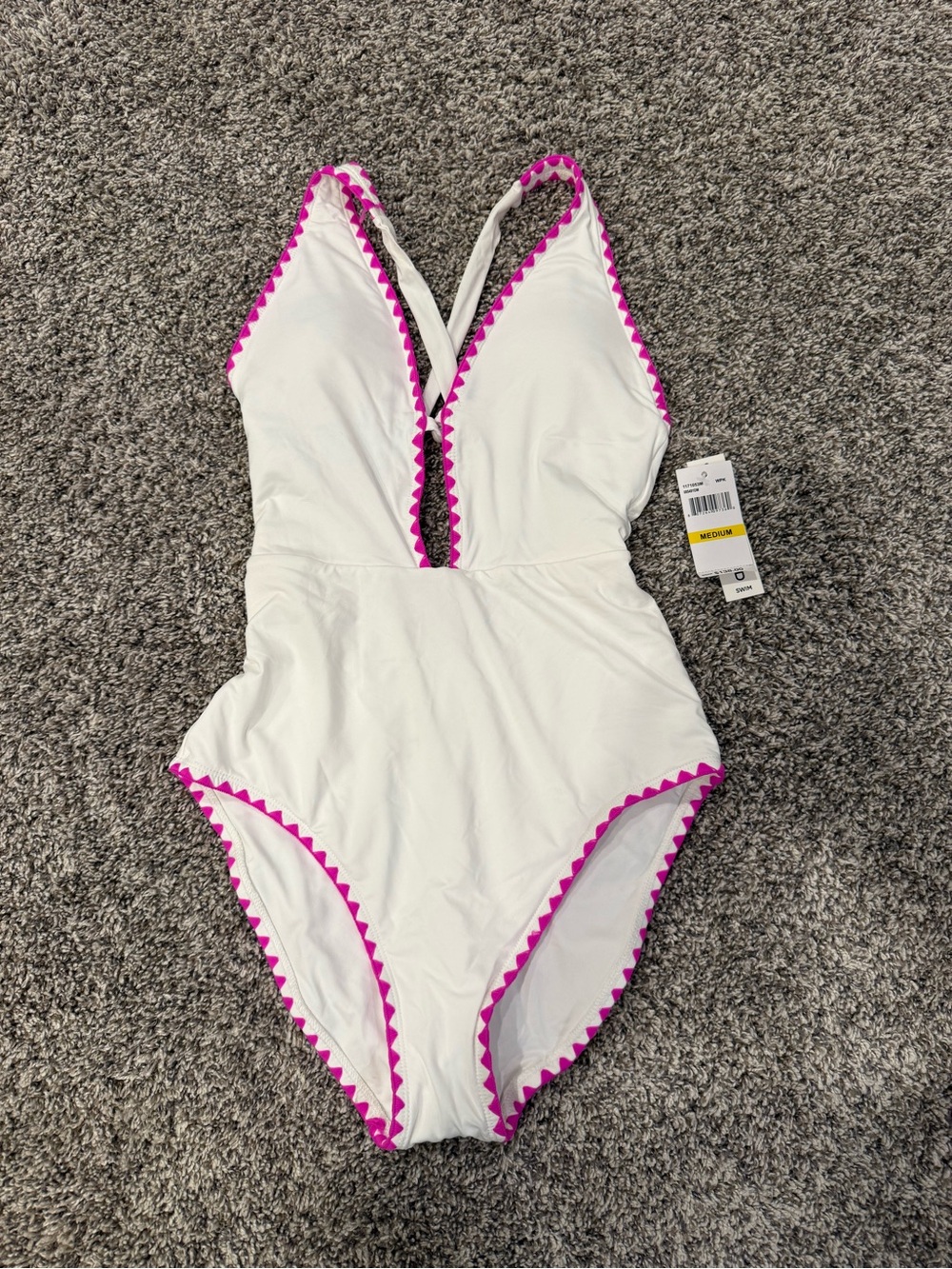Lucky Brand One Piece Swimsuit Medium White Pink Trim Deep V Plunge NWT - Picture 1 of 7